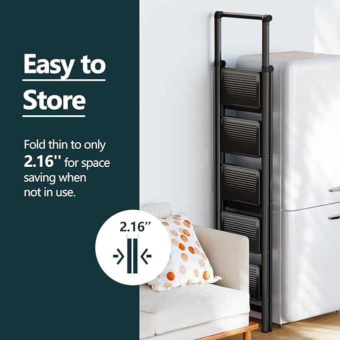 WOA WOA 5 Step Ladder, Foldable Ladder with Wide Pedals and Handle, Sturdy Ladders for Home and Kitchen with Anti-Slip Feet, Supports up to 330 lbs - Black