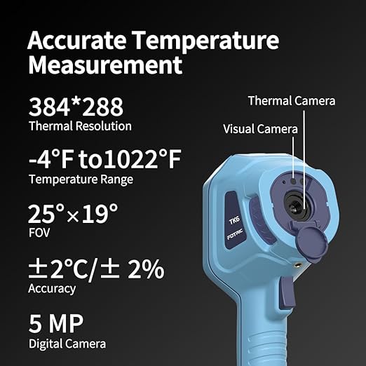 TK6 Thermal Imaging Camera, 384 x 288 IR Resolution, 25° *19° FOV, Manual Focus Thermal Imager with 5MP Visual Camera for Building, Electrical Inspections, -4°F to 1022°F, 3.5" Touch Screen