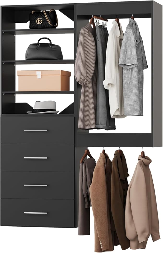 Modular Closet, 40" Wide Wardrobe Organizer with Tower and Drawers, Wood, Wall Mounted, Bedroom, Black