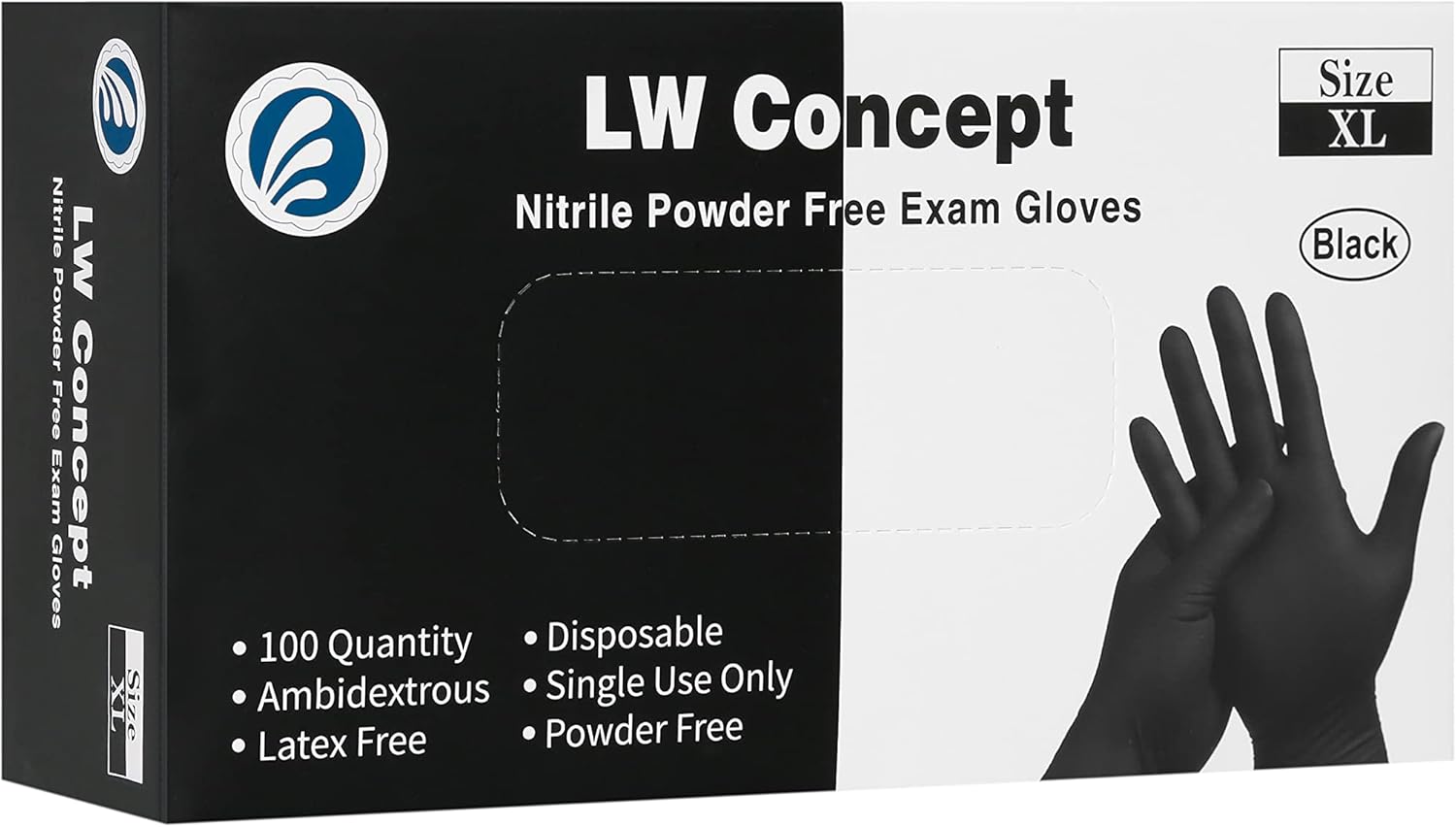 LW Concept - Black Nitrile Examination Gloves - Latex & Powder-Free, Disposable, Strong, Healthcare, Food Handling (Medium)