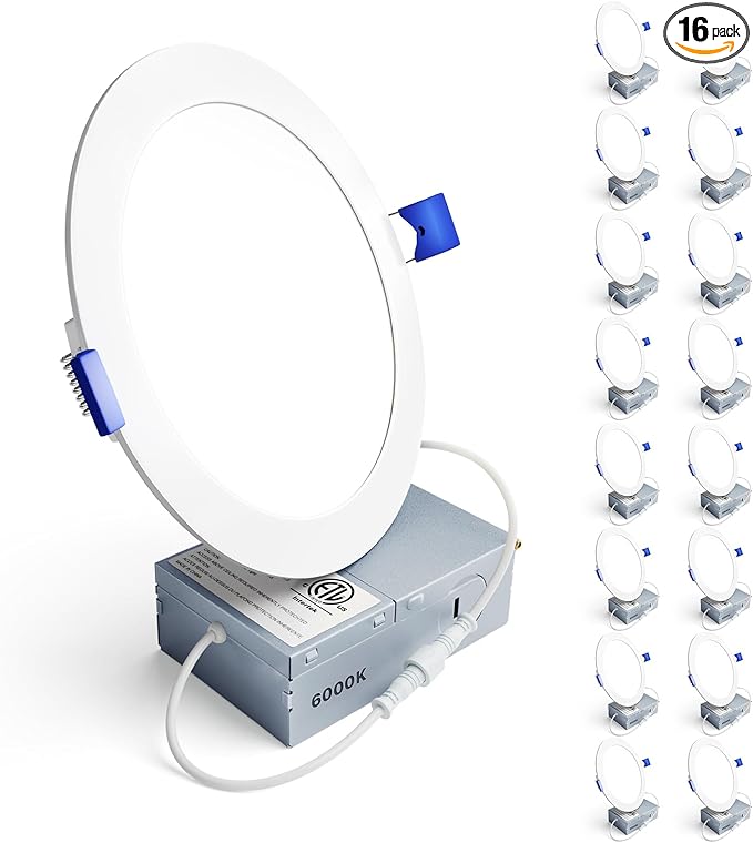 Ensenior 16 Pack 6 Inch LED Recessed Ceiling Light, Dimmable, 6000K Clear White, 1050LM 12W 120V, High Brightness Canless Wafer Downlight - ETL&FCC&IC