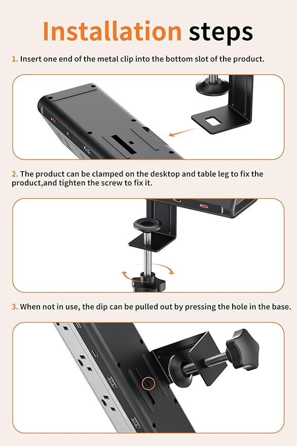 6.5 FT Desk Clamp Power Strip with 5 AC Outlets & 6 USB Ports PD 40W USB-C Fast Charging, 1250J Surge Protector, Fits 2.6 in top Edge Black