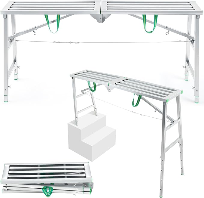 Zonon 63" L x 11.8" W x 32" to 51" H Folding Work Platform Portable Scaffolding Step Stool 4 Height Adjustment 800 Lbs Load Capacity Non Slip Work Platform Ladder for Home Drywall Cleaning Painting