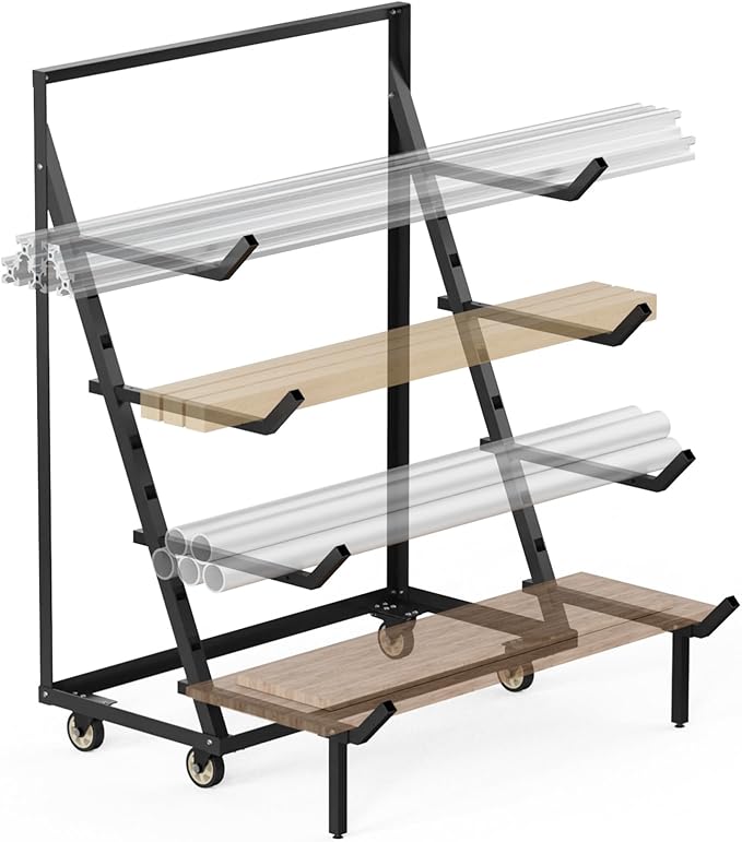 4 Tier Pipe And Lumber Storage Rack - Heavy Duty Pipe Rack With 4IN Swivel Casters And Adjustable Support Bar Weight Capacity Up To 1200LBS, Plywood Storage Shelf For Garage, Workshop And Warehouse