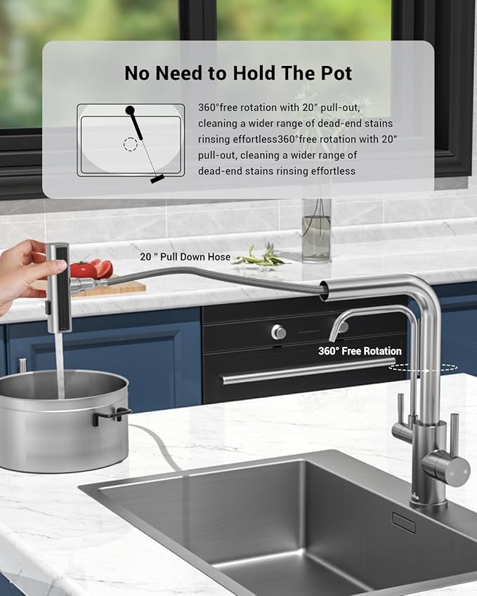 APPASO Waterfall Kitchen Faucet with Water Filter, 2 Handle Kitchen Sink Faucet, Brushed Nickel Kitchen Faucet with Pull Down Sprayer - 3 in 1 Kitchen Sink Faucet (Without Water Filtration Device)