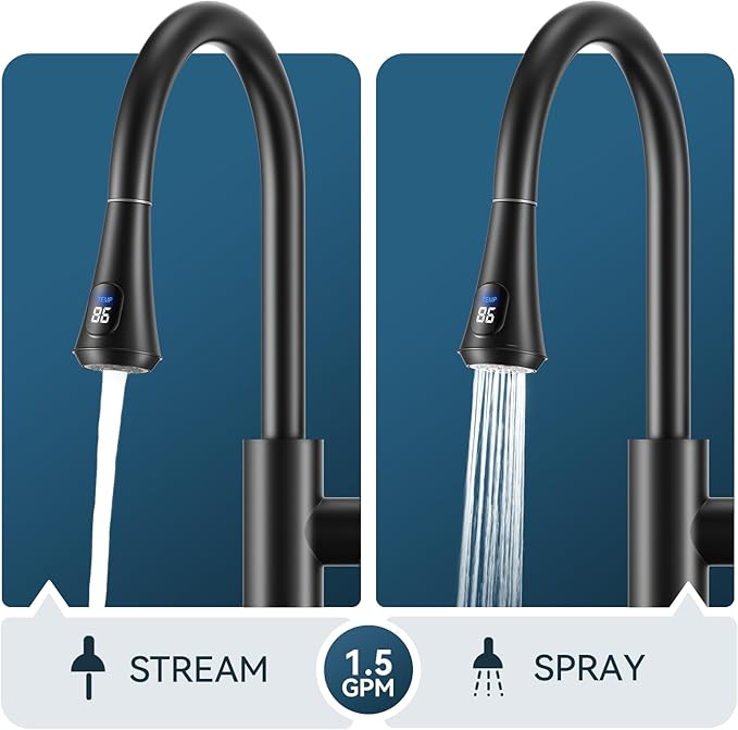 FORIOUS Black LED Kitchen Faucet with Pull Down Sprayer, High Arc Single Handle Modern Stainless Steel Sink Faucet with Temperature Digital Display, Suitable for Farmhouse Camper Rv Bar