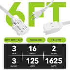 HBN Indoor Extension Cord, 6ft 3 Pack, White, 3 Outlets with Safety Cap Included, 2 Prong Polarized Plug, Perfect for Homes, Offices, and Kitchens