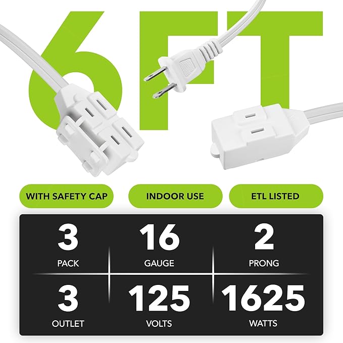 HBN Indoor Extension Cord, 6ft 3 Pack, White, 3 Outlets with Safety Cap Included, 2 Prong Polarized Plug, Perfect for Homes, Offices, and Kitchens