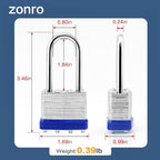 ZonRo Locks Laminated Steel Keyed Padlock, Keyed Alike Locks,1-9/16"(40mm) Wide Body,Long Shackle Padlock, Blue Plastic Hoop, Pack of 12 …
