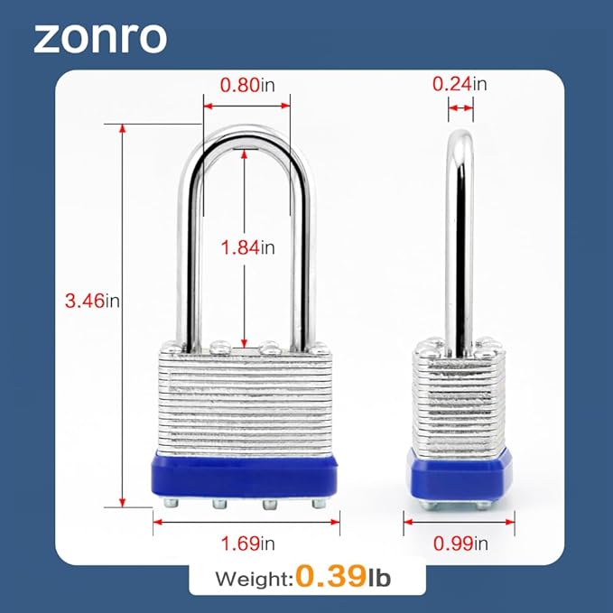 ZonRo Locks Laminated Steel Keyed Padlock, Keyed Alike Locks,1-9/16"(40mm) Wide Body,Long Shackle Padlock, Blue Plastic Hoop, Pack of 48