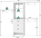 96 inch Closet System with 3 Wooden Drawers, Closet Organizer System with Storage Shelves Cutable, Wall-mounted Closet System with 3 Adjustable Hanging Rods for Walk-in Closet, White