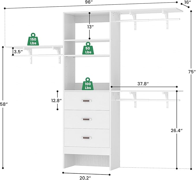 96 inch Closet System with 3 Wooden Drawers, Closet Organizer System with Storage Shelves Cutable, Wall-mounted Closet System with 3 Adjustable Hanging Rods for Walk-in Closet, White