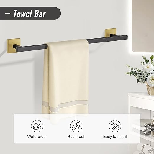 YACVCL Towel Bar Set, 5-Piece Black and Gold Bathroom Hardware Set, Black&Gold Bathroom Accessories Set, SUS304 Stainless Steel 23.6 Inch Towel Holder Towel Racks Set Wall Mounted
