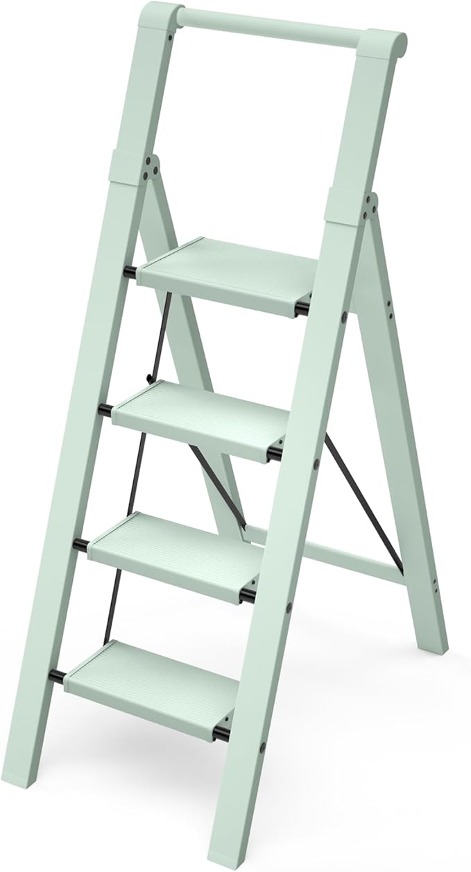 Taranta 4 Step Ladder, Lightweight Aluminum Step Stool with Convenient Handgrip, Folding Ladder with Anti-Slip Pedals, 330lbs Capacity Stepladder for Home, Office, Kitchen - Fairyland Green