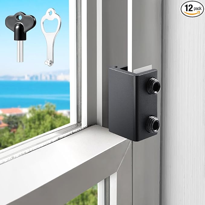Sliding Window Locks (12 Sets), Secure Window Lock with Key, Window Locks for Up and Down Windows & Horizontal Sliding Windows, Adjustable Window Lock, Sturdy and Durable, Does Not Deform.