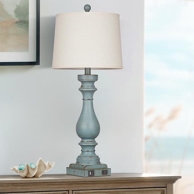 27.5" Tall Coastal Lamp,Retro-Blue Vintage Bedside Nightstand Lamps with USB Charging Ports A/C,3-Way Dimmable Touch Control Table Lamps for Bedroom Living Room,Single Blue