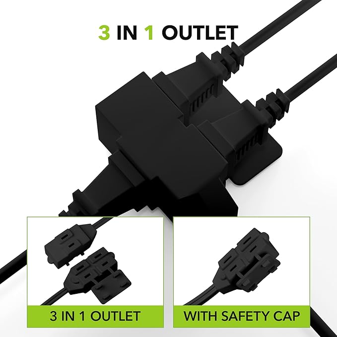 HBN Extension Cord, 3-Pack 6FT Black, 2 Prong Indoor Extension Cord 16/2 SPT-2, 13A, 1625 W, 3-Outlet Extension Cords for Home/Office Use
