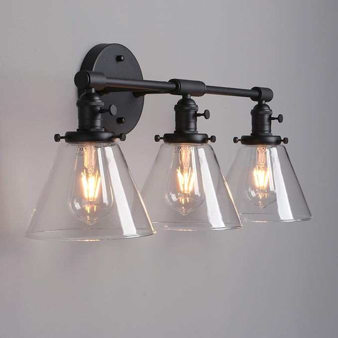 Phansthy 3-Light Wall Sconces Antique Brass Vanity Light, Industrial Wall Lamps with On Off Switch and Clear Glass Lampshade, Vintage Wall Lighting for Bathroom Living Room (Black, Cone Shade)