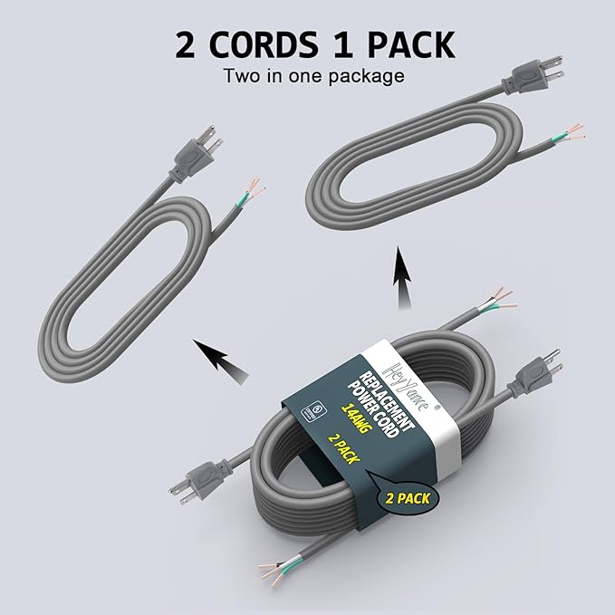 2 Pack 9 ft 14/3C SJTW Appliance and Power Tool Cord, 14 Gauge 3 Prong Heavy Duty Replacement Power Supply Cord Cable, 110V 115V 120V AC Pigtail, 15A, 1875w