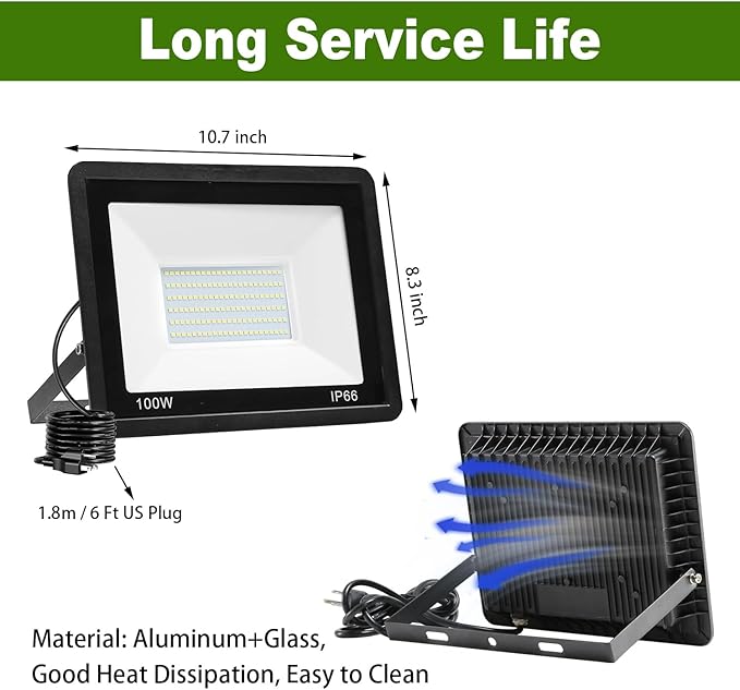 2 Pack 100W LED Flood Light Outdoor,10000LM Work Spotlight with US Plug,6000K Daylight White,IP66 Waterproof Exterior Security Floodlights for Yard,Garden,Backyard,Patio,Stadium,Parking Lot