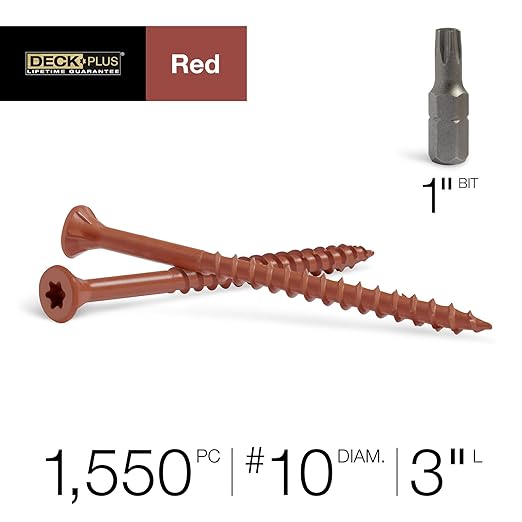 Deck Plus 3 Inch Epoxy Coated Exterior Wood and Fence Screws #10 x 3 Torx/Star Drive Included Coarse Thread, Outdoor Rust Resistant Decking Screw, Red, 25 lb Box, 1550 Pieces | 48434