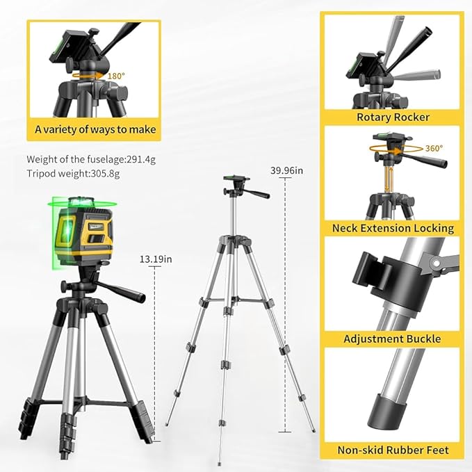 360° Laser-Level-with-Tripod Self-Leveling, Green Cross Line Laser with Horizontal Vertical Beam, Laser Tool for Picture Hanging Construction Floor Tile Wall, Carrying Pouch Battery Included