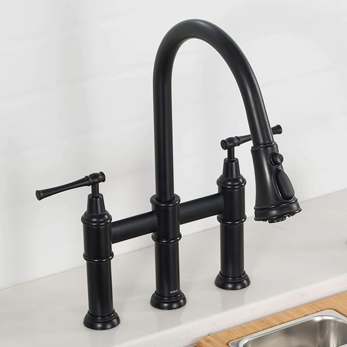 KRAUS Allyn Transitional Bridge Kitchen Faucet with Pull-Down Sprayhead in Matte Black, KPF-3121MB