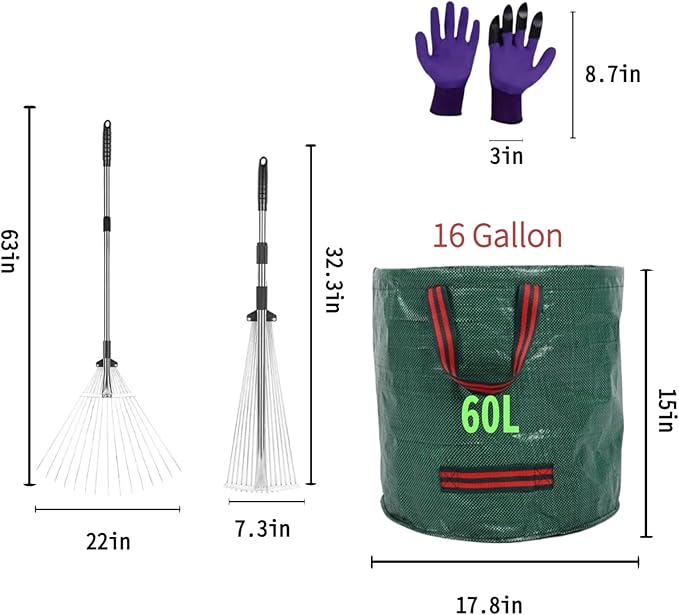 Garden Rake for Leaves with Telescoping Long Handle 33-63" & Adjustable Head 8-22" - Heavy Duty Metal Rake Kit with 16 Gallon Leaf Bag & Gloves, for Yard, Shrubs, Grass, Debris