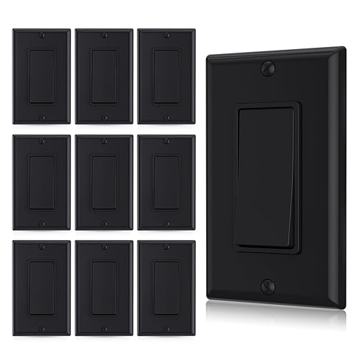 AIDA Single Pole Rocker Decorator Light Switch, 15 Amp Self-grounding Electrical Light Switches, Wall Plate Included, Residential Grade, UL Listed (10 Pack, Glossy Black)