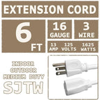 Indoor Outdoor Extension Cord 6 FT Waterproof, 16/3 Gauge Heavy Duty White Extension Cords, 13A 1625W SJTW Extension Cord with 3 Prong Grounded Plug, Great for Tools, Lights, UL Listed.