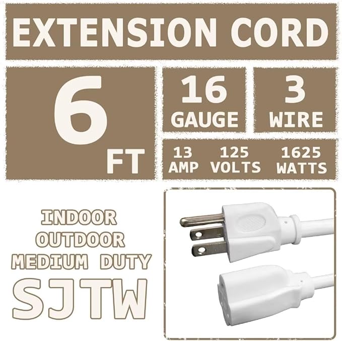 Indoor Outdoor Extension Cord 6 FT Waterproof, 16/3 Gauge Heavy Duty White Extension Cords, 13A 1625W SJTW Extension Cord with 3 Prong Grounded Plug, Great for Tools, Lights, UL Listed.