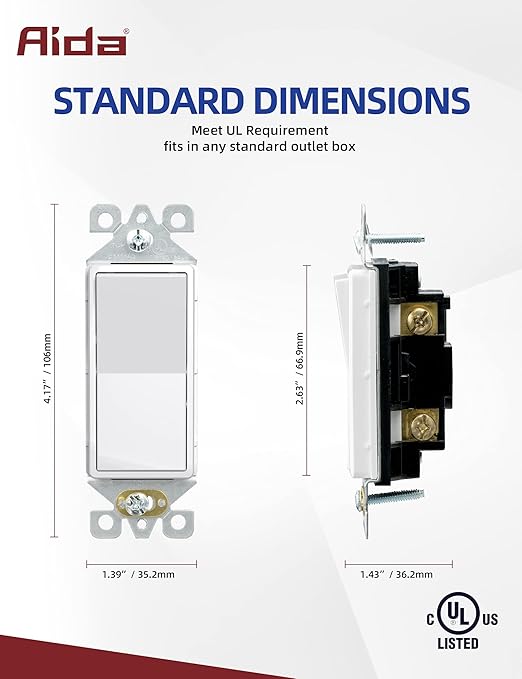 AIDA 20 Pack Light Switch Single Pole Light Switch Square Rocker Switch Decora Switches White, 15 Amp Self-grounding Electrical Light Switches, Residential Grade, UL Listed Glossy White