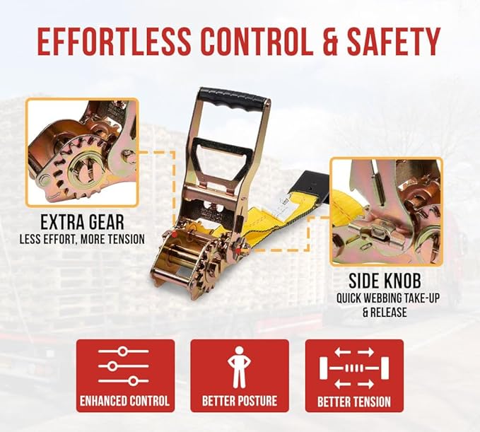 Mytee Products 4 Pack 4" x30' Self-Tensioning Ratchet Tie Down Straps with Flat Hooks - 5,400 Lbs WLL - Heavy Duty Tie Down Ratchet Straps for Flatbed, Truck, Trailers, Cargo, Pickup - Yellow