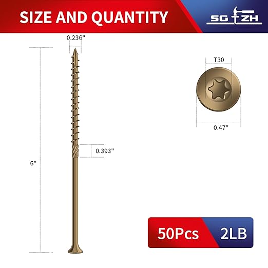 #14 x 6 Inch Deck Screws (50Pcs) 2lb. Carbon Steel, Yellow, Flat Head, Rust Resistant epoxy Coated, with T30 Star Bit