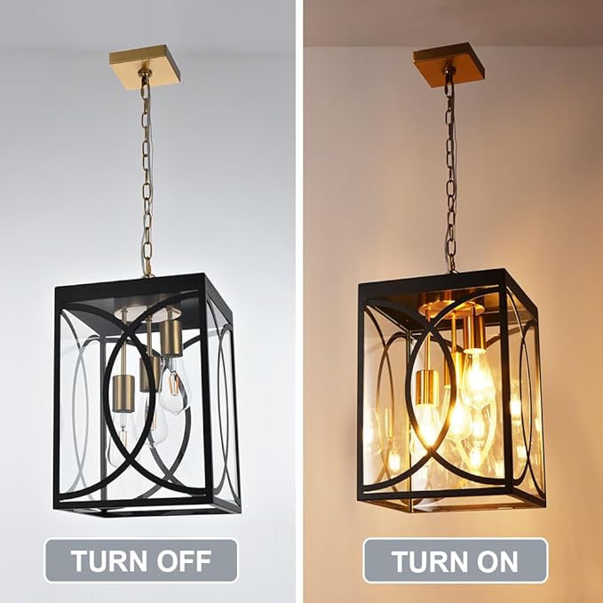 Outdoor Pendant Light Fixtures, Modern 3-Lights Exterior Hanging Lantern Clear Glass Panel, Black Large Outdoor Chandelier for Porch Patio Front Door