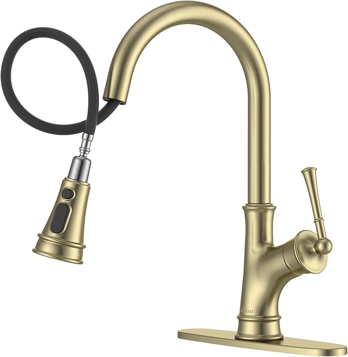 APPASO Gold Kitchen Faucet with Pull Down Sprayer, Antique Single Handle 1 Hole High Arc Pull Out Kitchen Sink Faucets