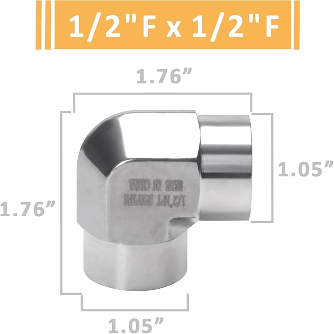 90 Degree Street Elbow - 1/2" NPT Female to 1/2" NPT Female Stainless Steel 304 Heavy Duty Forged Barstock Street Elbow Adapter Pipe Fitting (pack of 5)