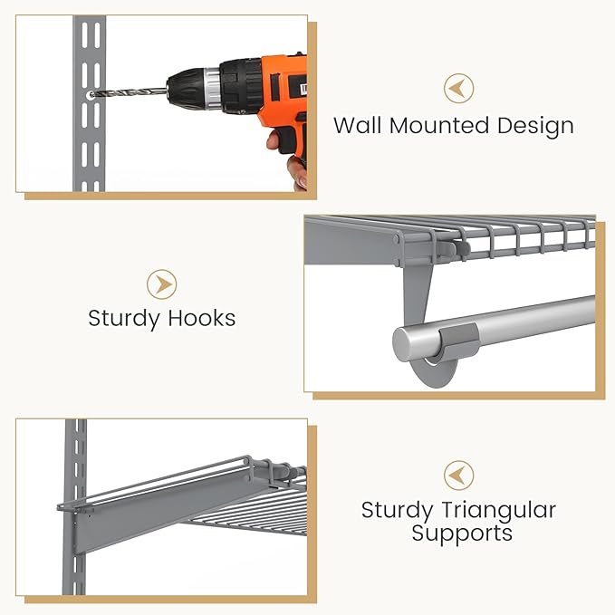 Giantex Closet Organizer System, 4-8 FT Wall-Mounted Closet Shelves and Rod, Adjustable Closet Organization w/ Hanging Rod, DIY Expandable Modular Metal Wire Shelving for Laundry Bedroom (Grey)