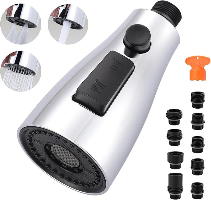 ARCORA Kitchen Faucet Spray Head Chrome, 3-Function Kitchen Sink Spray Nozzle with 9 Adapters, Kitchen Faucet Head Replacement Compatible with Moen, Delta, American Standard Faucets