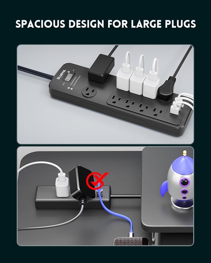 Surge Protector Power Strip 10FT, PLUGTUL Surge Protector with 10 Outlets - Spacious Design for Large Plugs, Flat Plug, 20W USB C Charging for Home, Office, ETL Listed，2040J