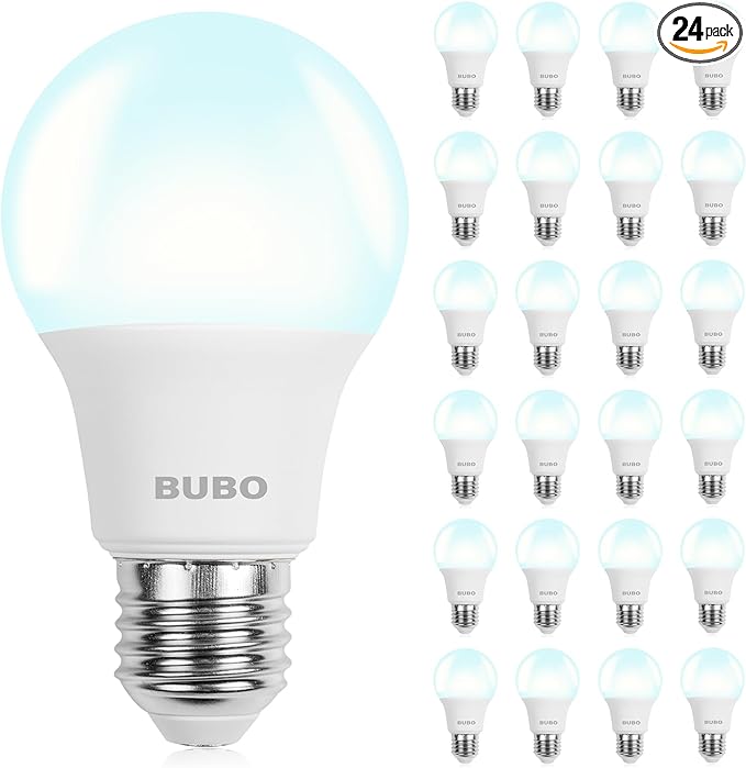 BUBO A19 LED Light Bulbs, 60 Watt Equivalent LED Bulbs, Daylight 5000K, 800 Lumens, E26 Standard Base, Non-Dimmable, 8W Daylight LED Bulbs for Bedroom Living Room Home Office, 24 Pack