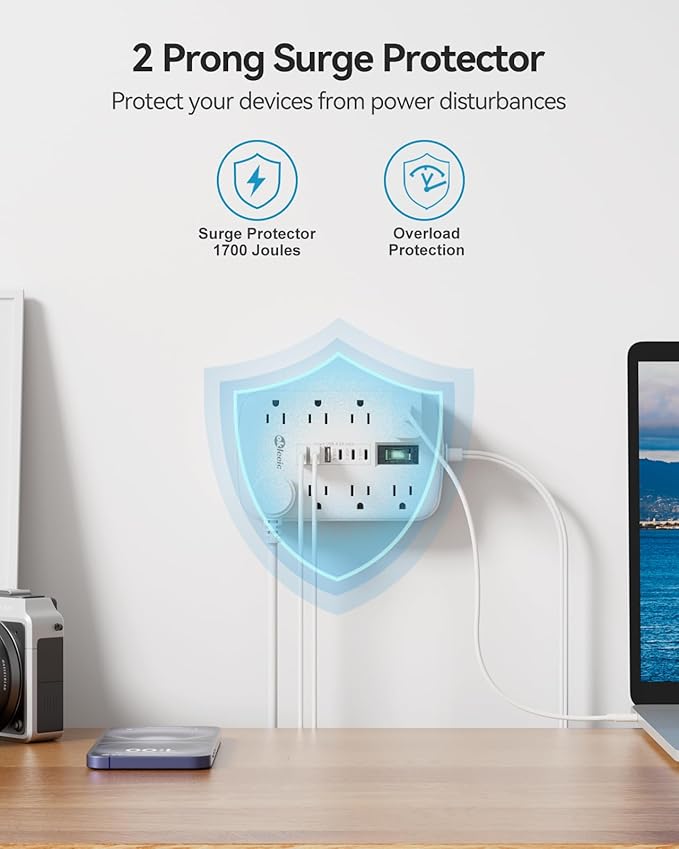 Short Extension Cord 3ft - 2 Prong Power Strip Surge Protector with 8 Outlets 6 USB Ports(3 USB C)4.8A/24W Charging Station, 3 prong to 2 prong adapter Wall Mount for Travel Dorm Room Essentials White