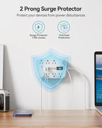 Short Extension Cord 3ft - 2 Prong Power Strip Surge Protector with 8 Outlets 6 USB Ports(3 USB C)4.8A/24W Charging Station, 3 prong to 2 prong adapter Wall Mount for Travel Dorm Room Essentials White