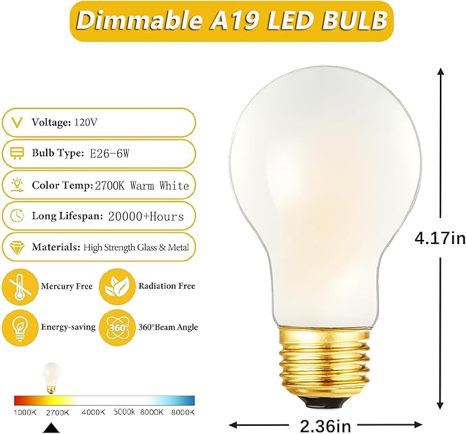 A19 Frosted Vintage LED Edison Bulbs 60W, E26 Dimmable LED Filament Light Bulbs, Warm White 2700K,6W Equivalent 60W,600LM, AC120V, A19 Frosted Light Bulbs with 90 CRI,COCODI-6Pack (Frosted-6W-2700K)