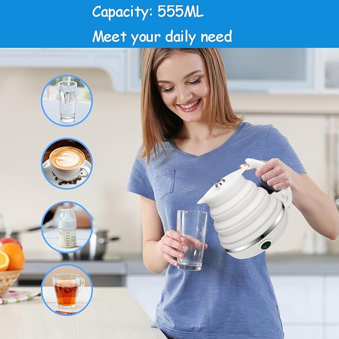 Ultrathin Upgraded Food Grade Silicone Travel Foldable Electric Kettle Boil Dry Protection Portable with Dual Voltage and Separable Power Cord,555ML 110-220V US Plug