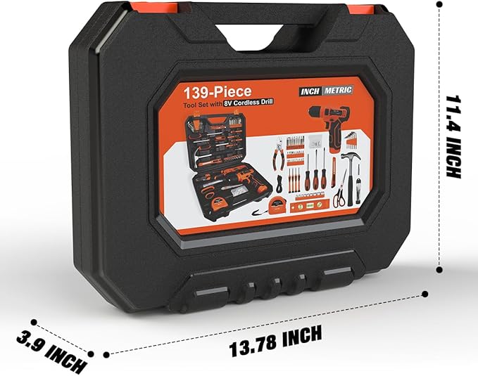 139-Piece Tool Set - Tool Kit with 8V Cordless Drill Driver in ToolBox Storage Case, General Household Drill Set for Home Repairs, Handyman, DIY Projects