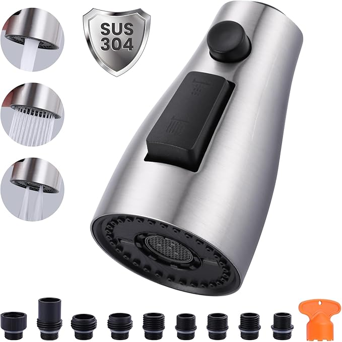Metal Kitchen Faucet Head Replacement: 3-Function Pull Down Spray Nozzle with 9 Adapters, Sink Sprayer Replacement Compatible with Moen, Delta, American Standard Faucets, Brushed Nickel