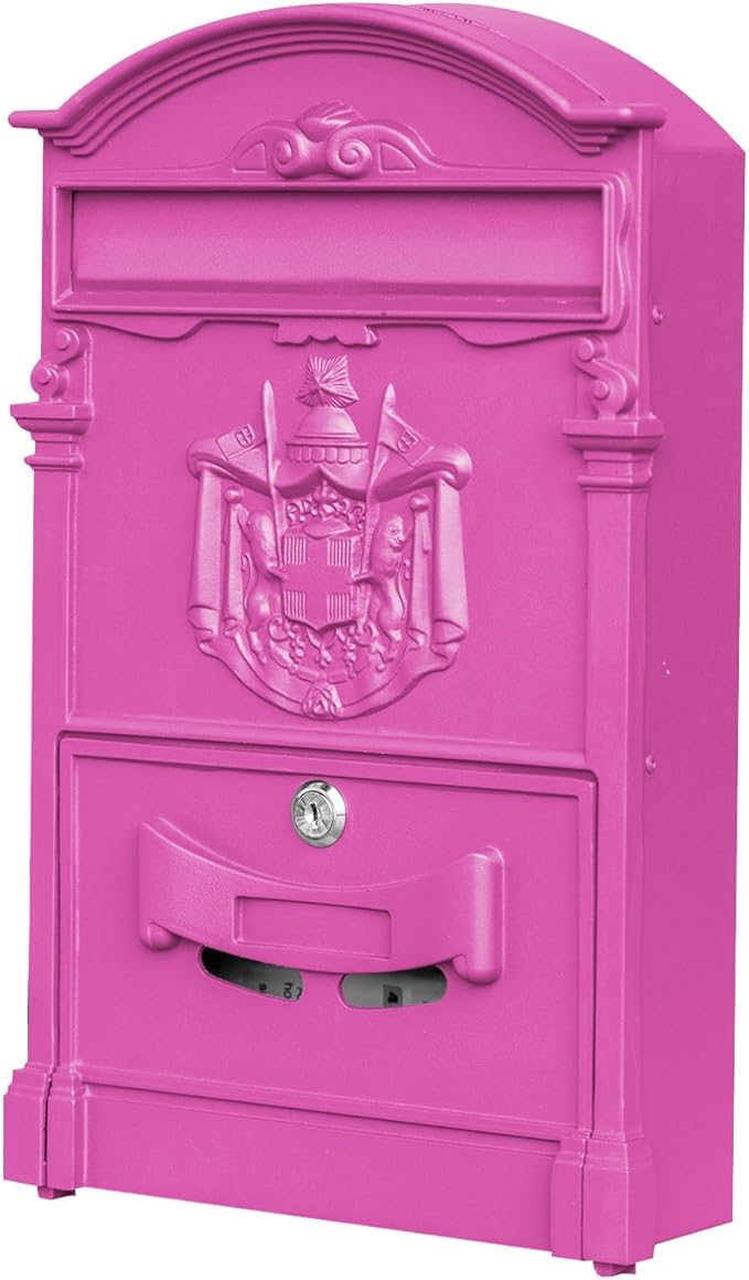 Wall Mount Mailboxes, Rust Resistant Locking Vintage Mailbox for House, Galvanized Steel Outside mailboxes with Key Locks, Barbie Pink
