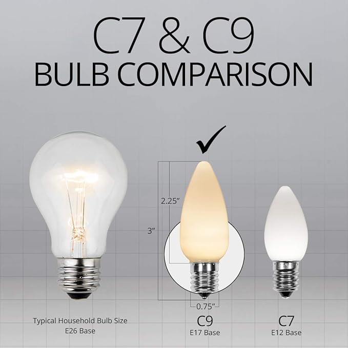 Wintergreen Lighting 25-Pack OptiCore C9 LED Warm White Christmas Light Bulbs - Replacement LED Christmas Lights Heavy Duty Vintage Ceramic Style Bulbs, E17 Base (Warm White Smooth)