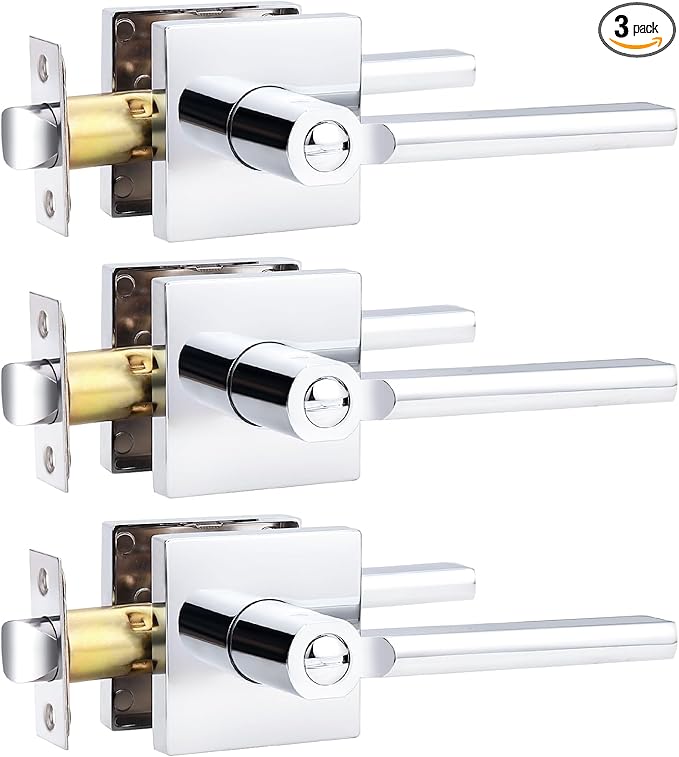 Probrico Polished Chrome Privacy Door Handle Lockset Heavy Duty Square Interior Door Lever for Bedroom or Bathroom Reversible Keyless Handleset Door Knob Slim Handed Levers, 3 Pack